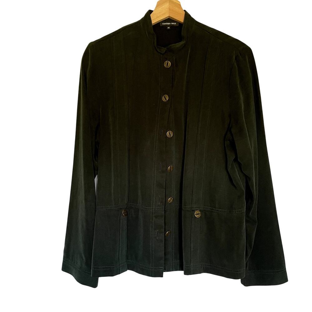 Cynthia Max green velvety vintage button down blazer jacket pockets women's M